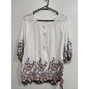 KINDRED Anthropologie embroidered top size Petite Large coastal  floral shirt
